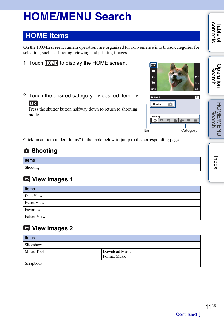 Menu, Se ar, Se a | Home/menu search, Home items, Shooting view images 1 view images 2 | Sony DSC-G3 User Manual | Page 11 / 178
