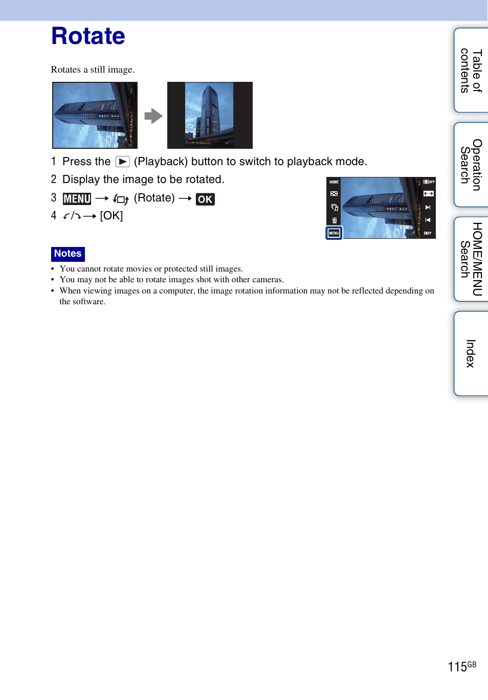Rotate), Rotate | Sony DSC-G3 User Manual | Page 115 / 178