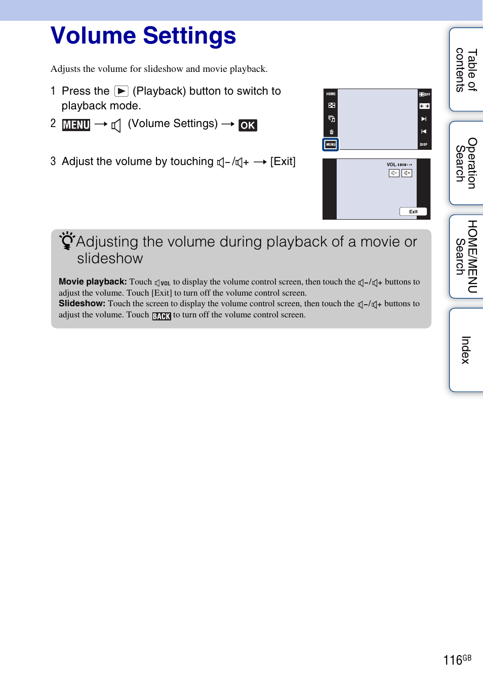Volume settings), Volume settings | Sony DSC-G3 User Manual | Page 116 / 178