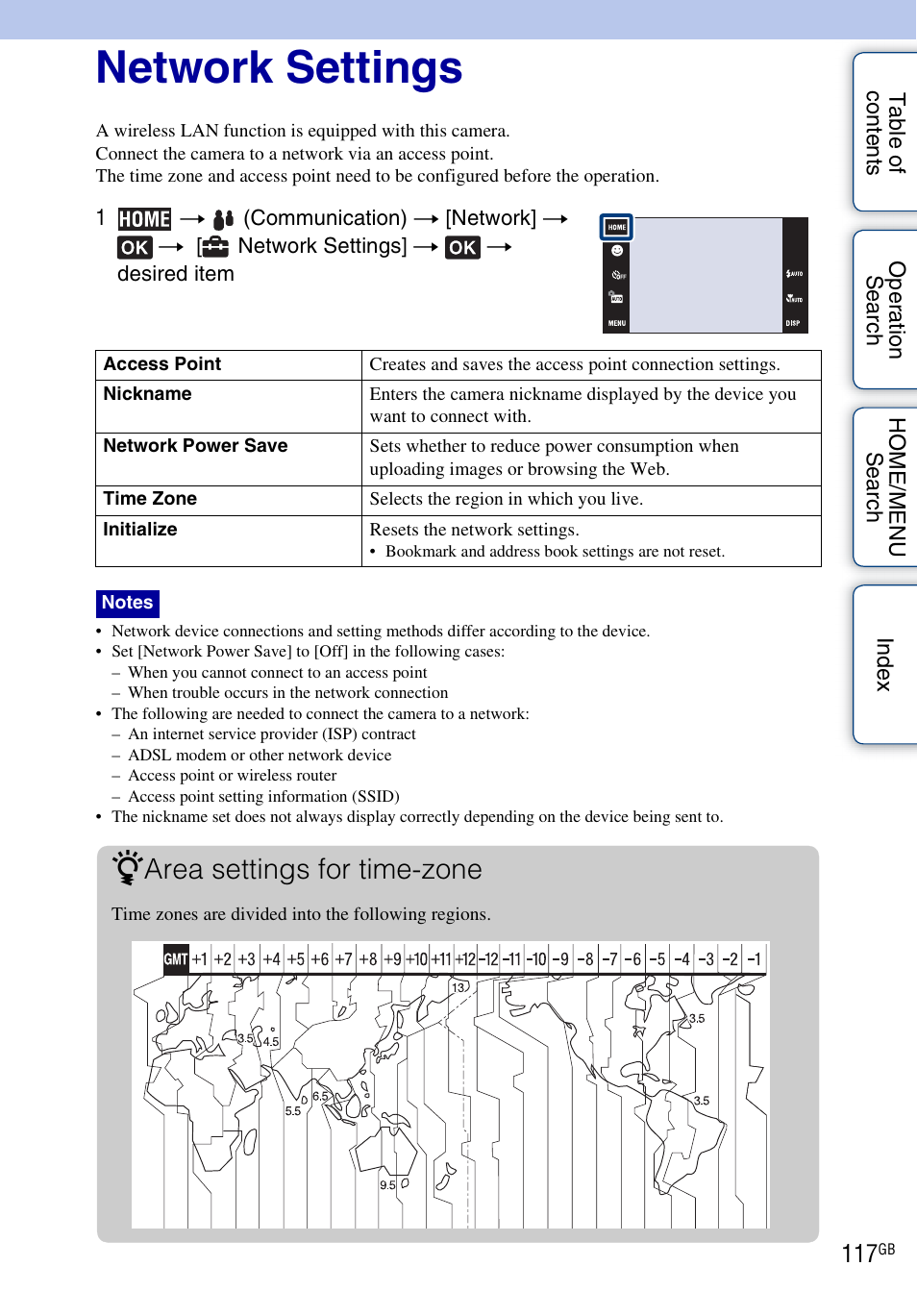 Network, Network settings, Area settings for time-zone | Sony DSC-G3 User Manual | Page 117 / 178
