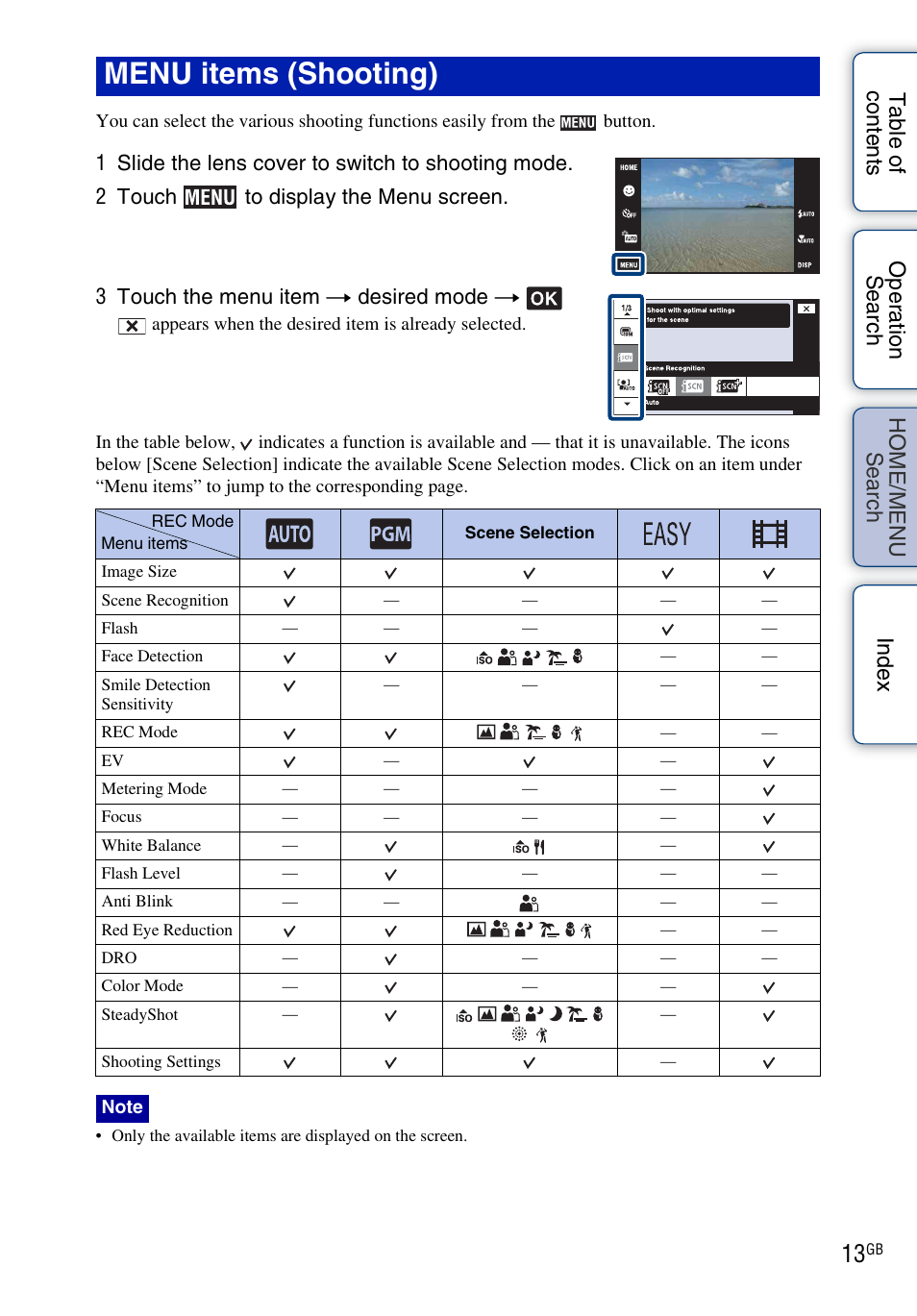 Menu items (shooting) | Sony DSC-G3 User Manual | Page 13 / 178