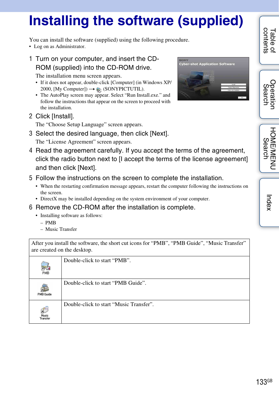 Installing the software (supplied) | Sony DSC-G3 User Manual | Page 133 / 178