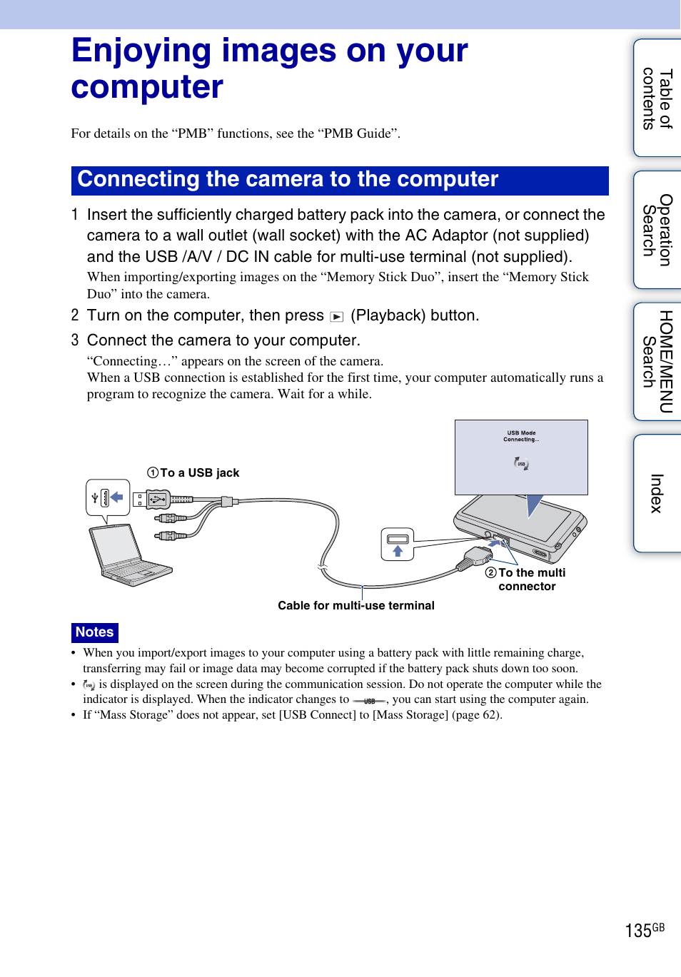 Enjoying images on your computer, Connecting the camera to the computer | Sony DSC-G3 User Manual | Page 135 / 178