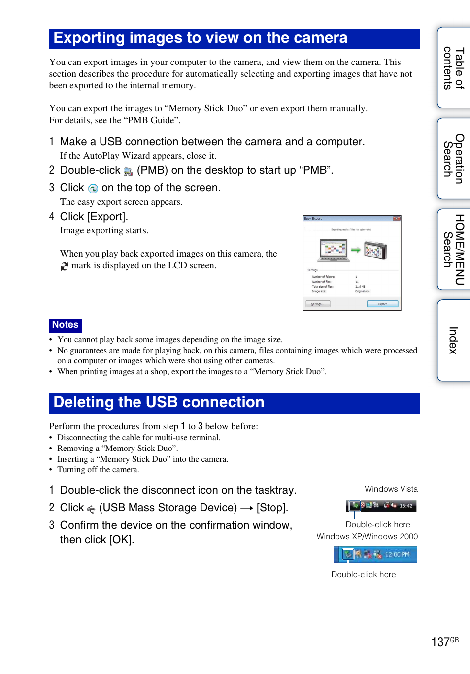 Exporting images to view on the camera, Deleting the usb connection | Sony DSC-G3 User Manual | Page 137 / 178