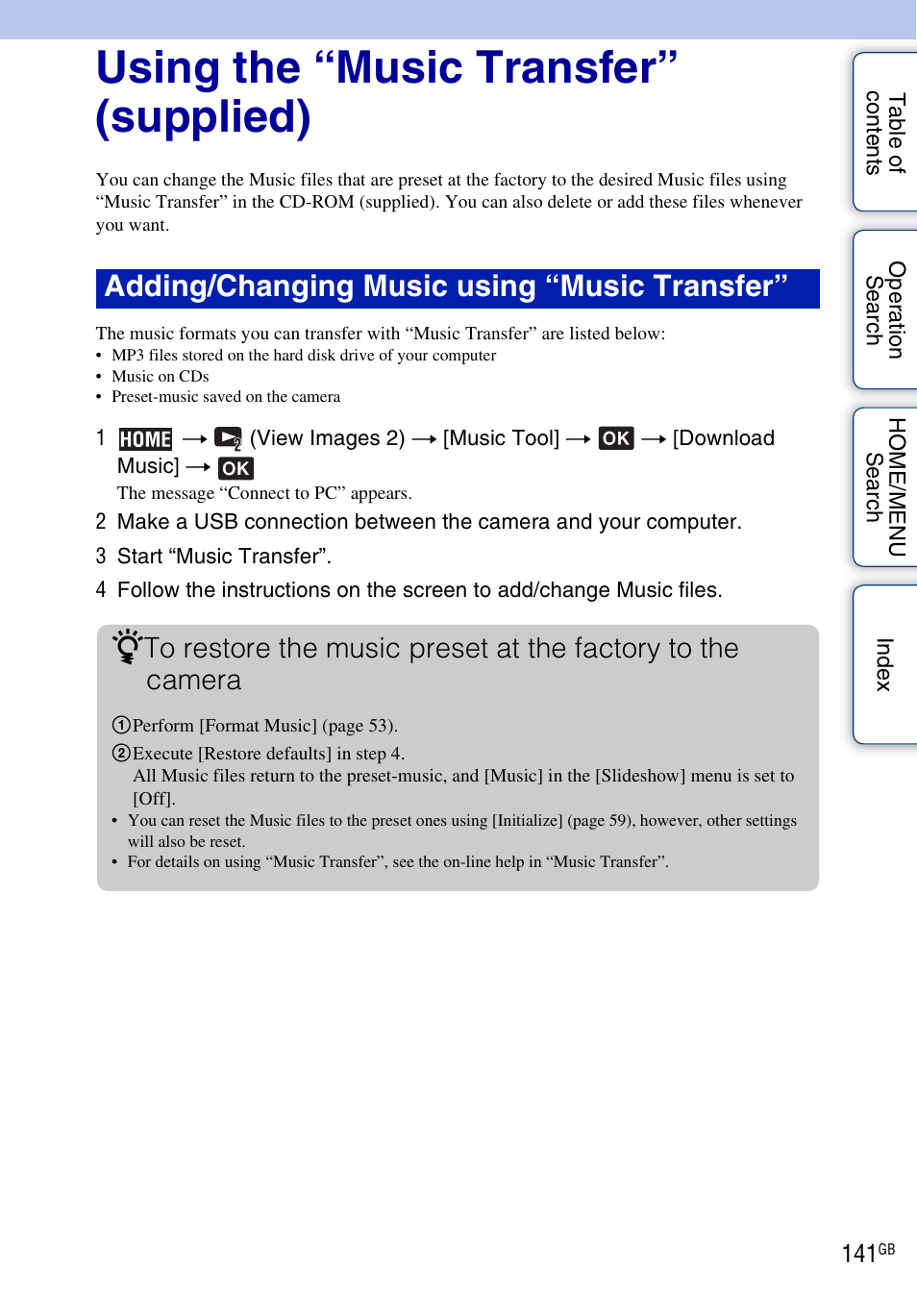 Using the “music transfer” (supplied), Adding/changing music using “music transfer” z | Sony DSC-G3 User Manual | Page 141 / 178