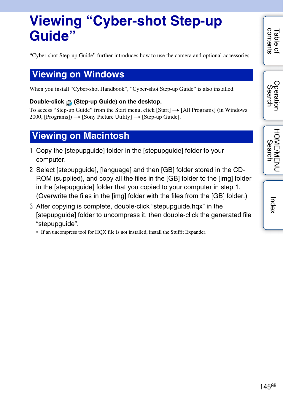 Viewing “cyber-shot step-up guide, Viewing on windows viewing on macintosh | Sony DSC-G3 User Manual | Page 145 / 178