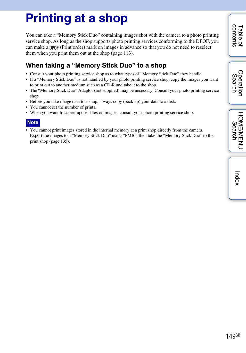 Printing at a shop | Sony DSC-G3 User Manual | Page 149 / 178