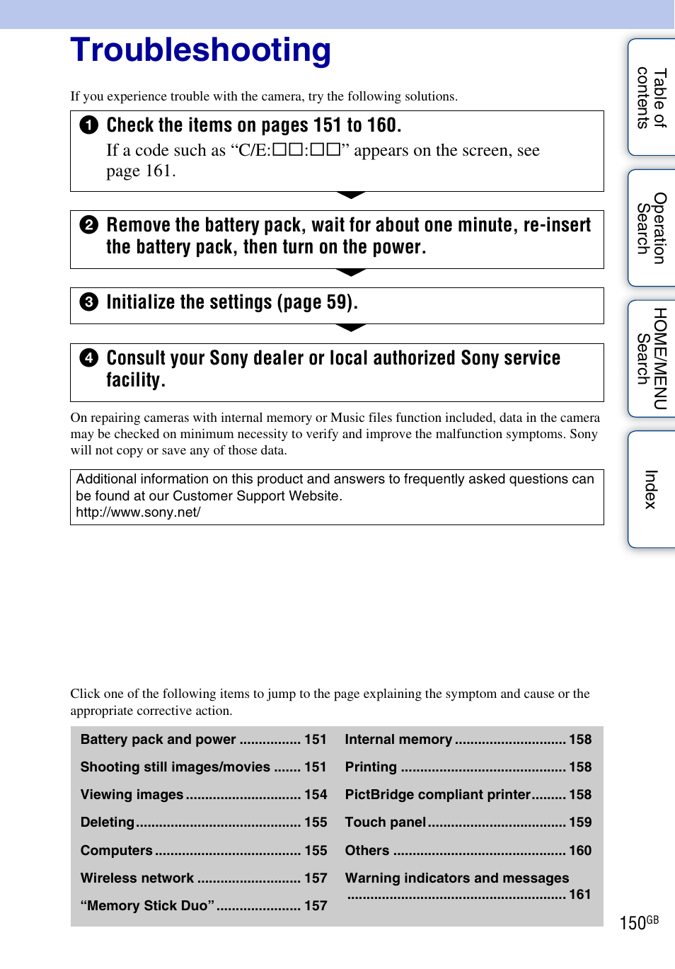 Troubleshooting | Sony DSC-G3 User Manual | Page 150 / 178