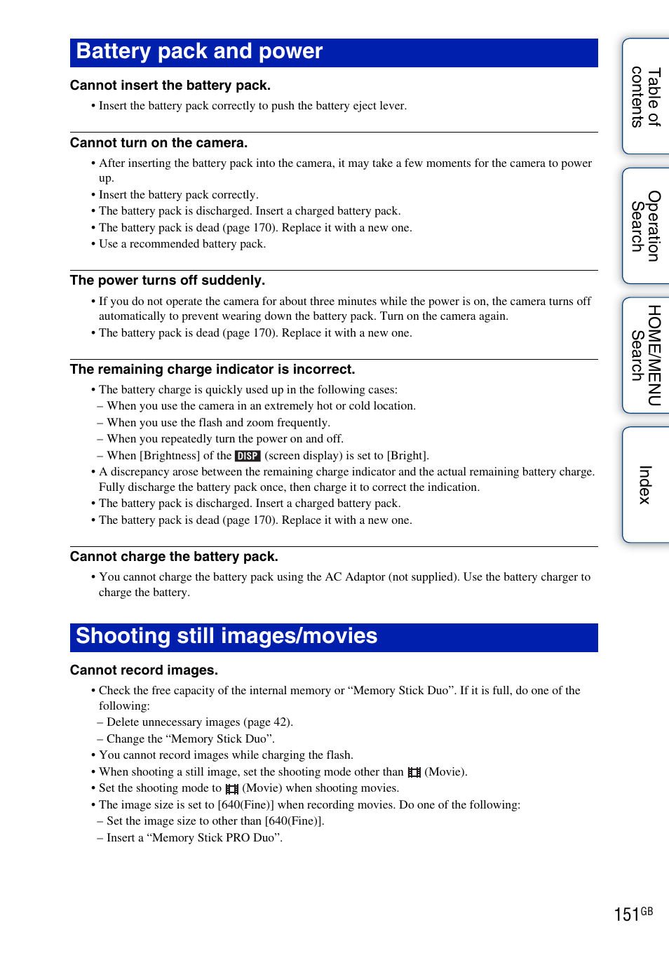 151 t, Battery pack and power, Shooting still images/movies | Sony DSC-G3 User Manual | Page 151 / 178