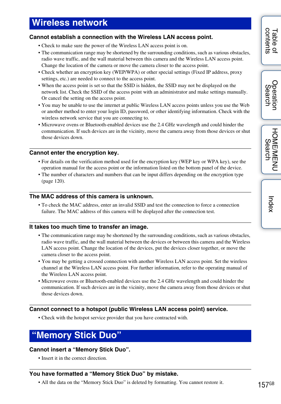 Wireless network, Memory stick duo | Sony DSC-G3 User Manual | Page 157 / 178