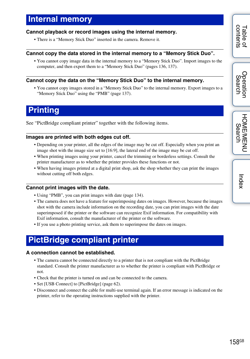 Internal memory, Printing, Pictbridge compliant printer | Sony DSC-G3 User Manual | Page 158 / 178