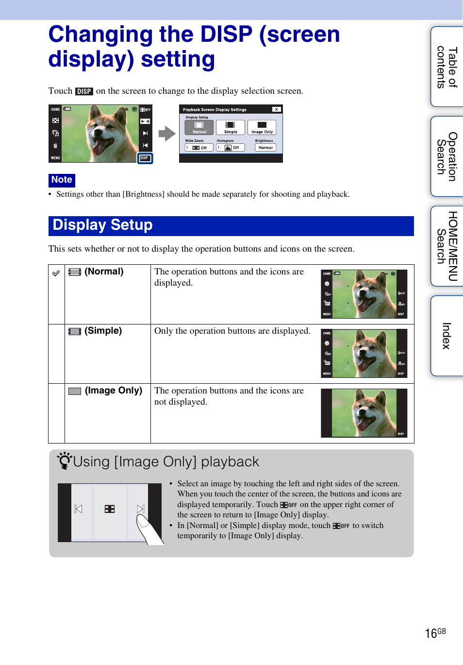 Changing the disp (screen display) setting, Display setup, Using [image only] playback | Sony DSC-G3 User Manual | Page 16 / 178