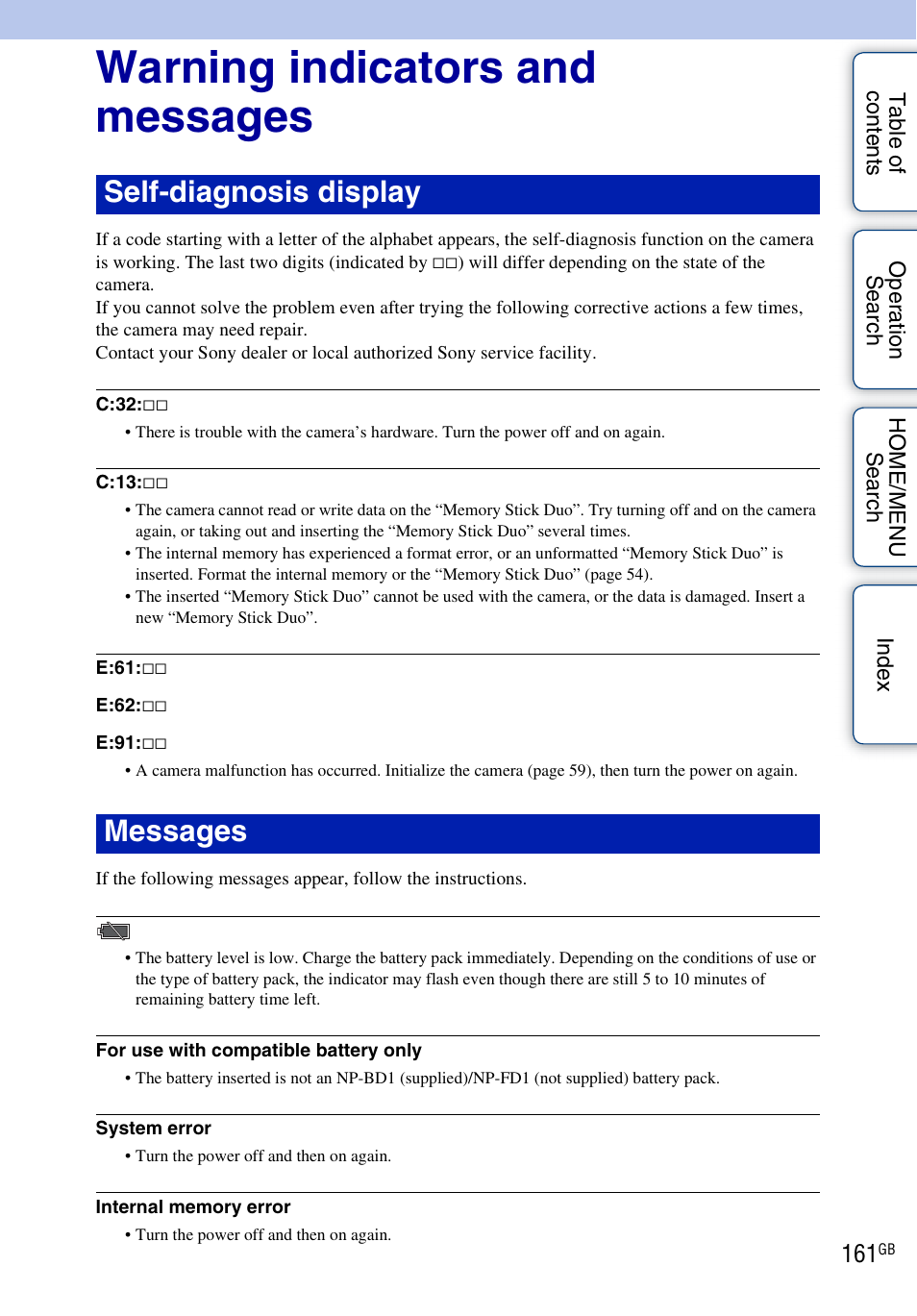 Warning indicators and messages, Self-diagnosis display messages | Sony DSC-G3 User Manual | Page 161 / 178