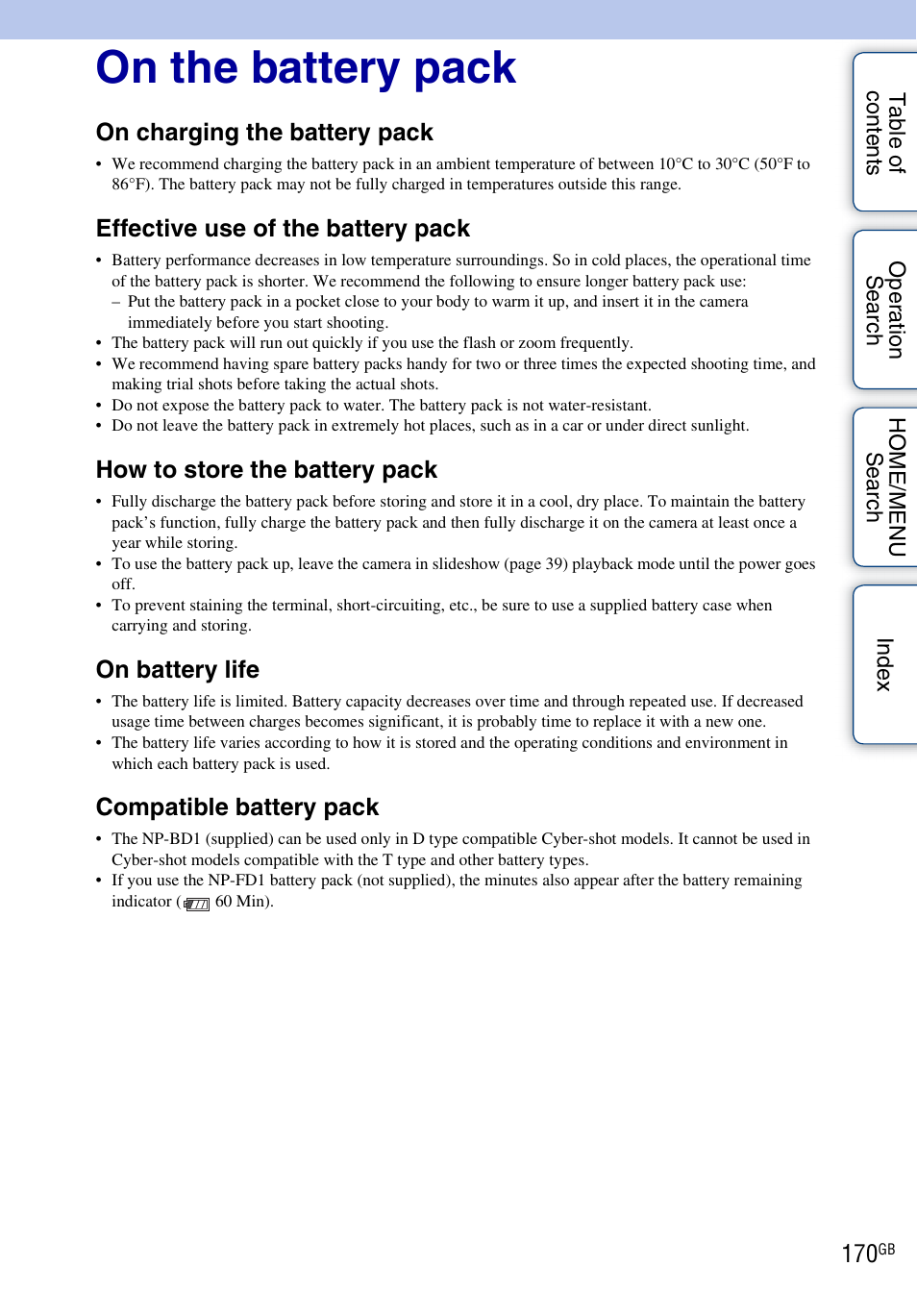 On the battery pack, On charging the battery pack, Effective use of the battery pack | How to store the battery pack, On battery life, Compatible battery pack | Sony DSC-G3 User Manual | Page 170 / 178