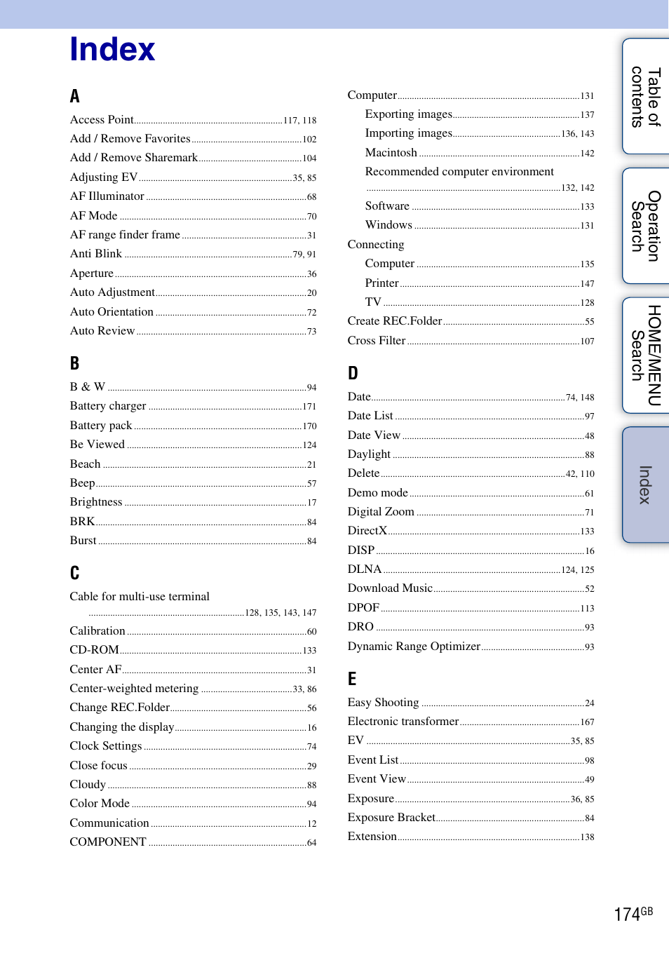 De x, Index | Sony DSC-G3 User Manual | Page 174 / 178