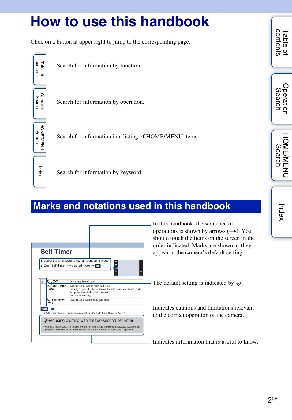 How to use this handbook, Marks and notations used in this handbook | Sony DSC-G3 User Manual | Page 2 / 178