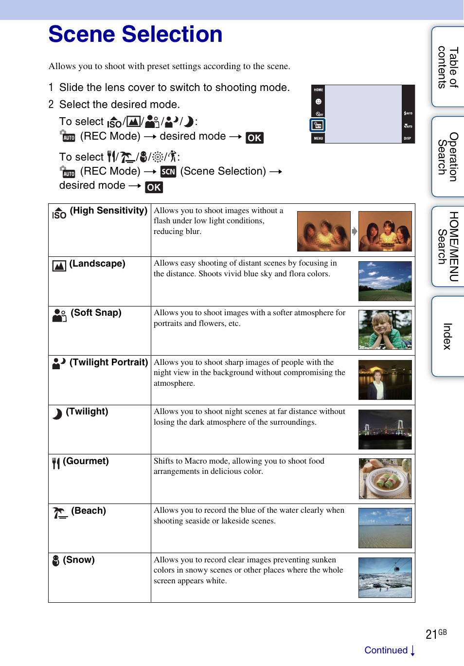 Scene selection | Sony DSC-G3 User Manual | Page 21 / 178
