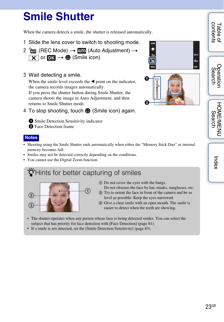 Smile shutter, Hints for better capturing of smiles | Sony DSC-G3 User Manual | Page 23 / 178