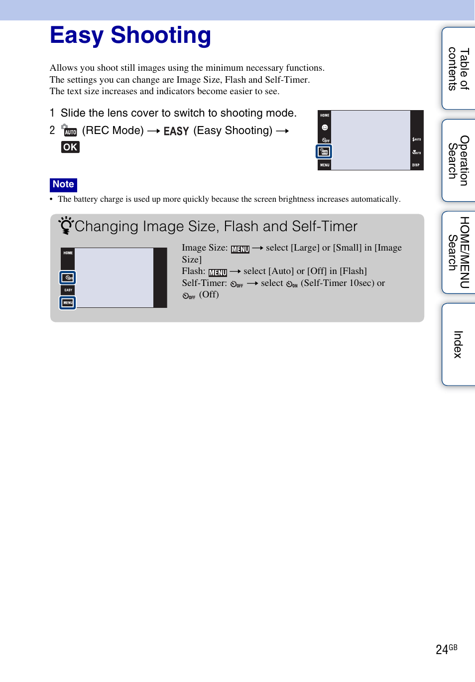 Easy shooting, Changing image size, flash and self-timer | Sony DSC-G3 User Manual | Page 24 / 178