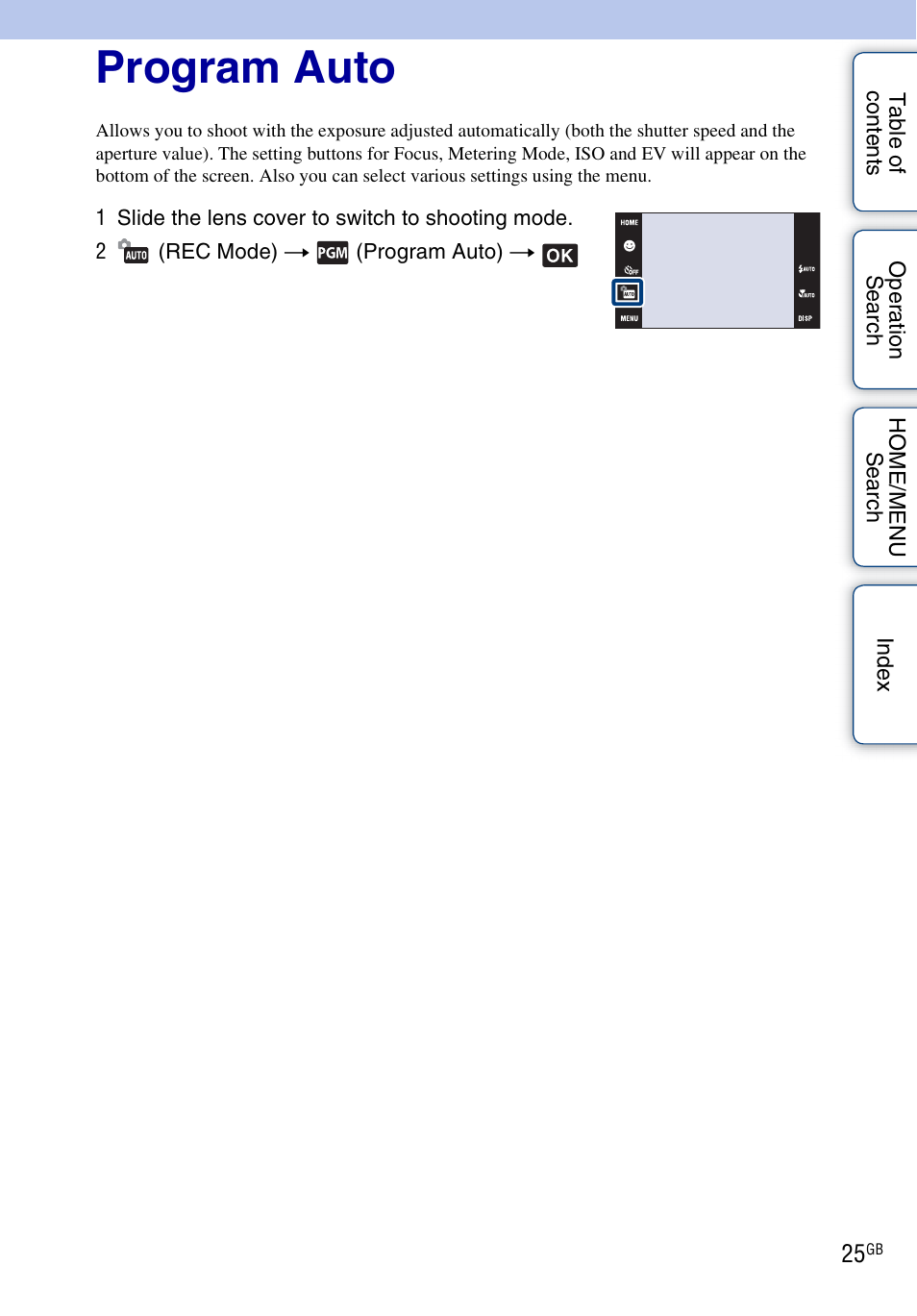 Program auto | Sony DSC-G3 User Manual | Page 25 / 178