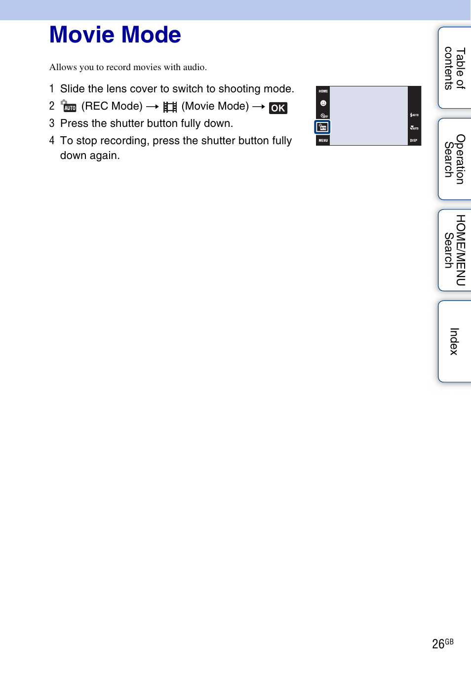 Movie mode | Sony DSC-G3 User Manual | Page 26 / 178