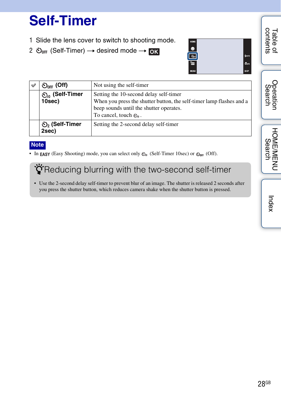 Self-timer, Reducing blurring with the two-second self-timer | Sony DSC-G3 User Manual | Page 28 / 178