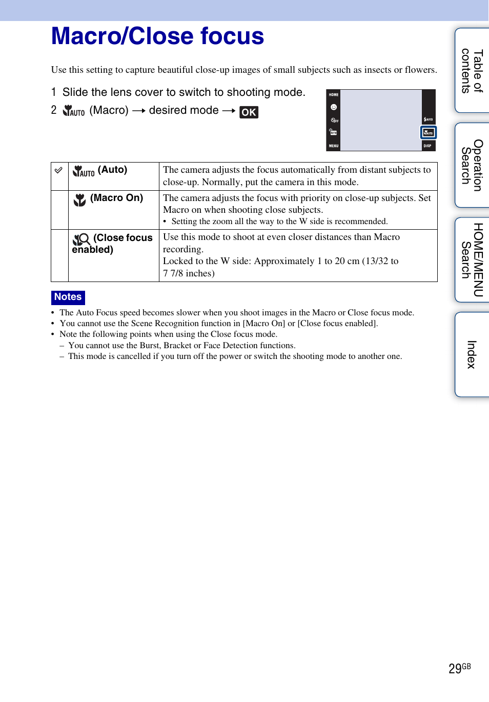 Macro/close focus | Sony DSC-G3 User Manual | Page 29 / 178