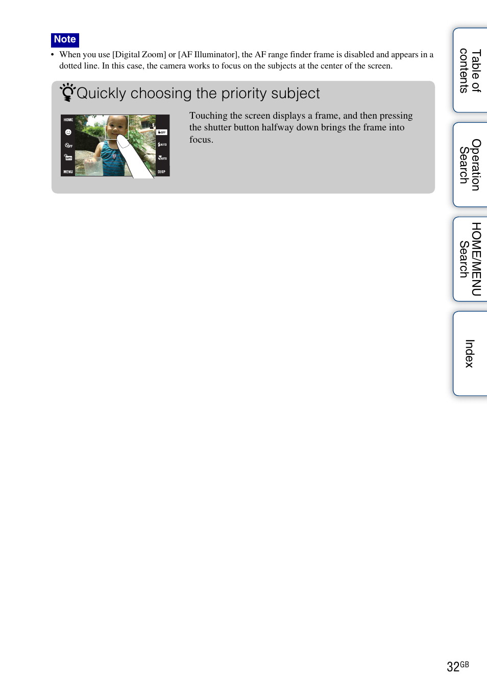 Quickly choosing the priority subject | Sony DSC-G3 User Manual | Page 32 / 178