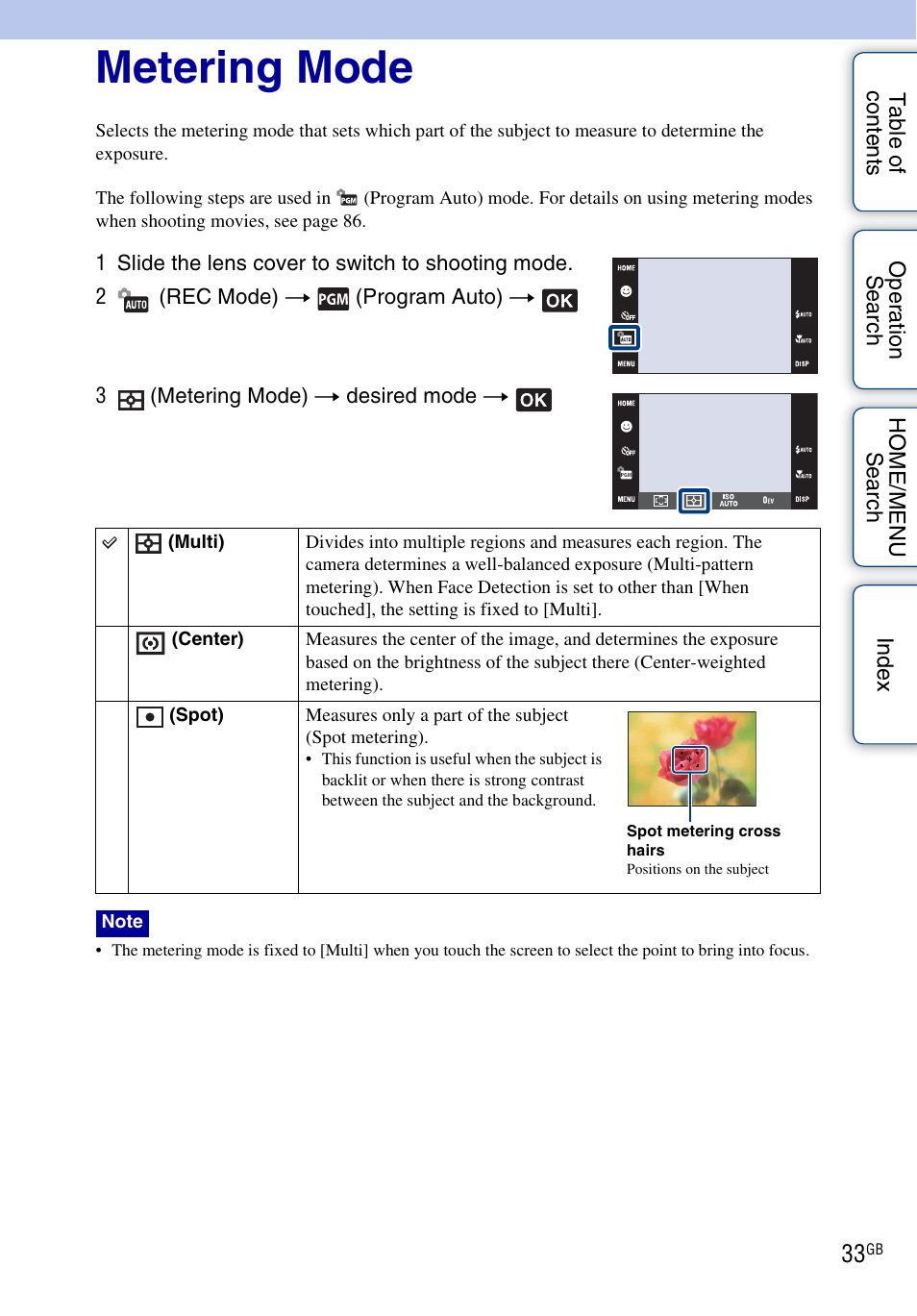 Metering mode | Sony DSC-G3 User Manual | Page 33 / 178