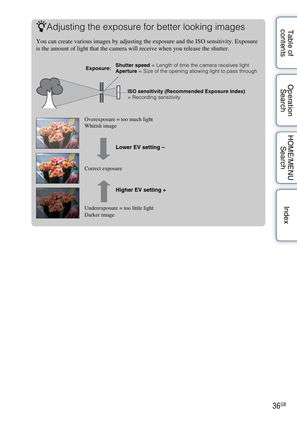 Adjusting the exposure for better looking images | Sony DSC-G3 User Manual | Page 36 / 178