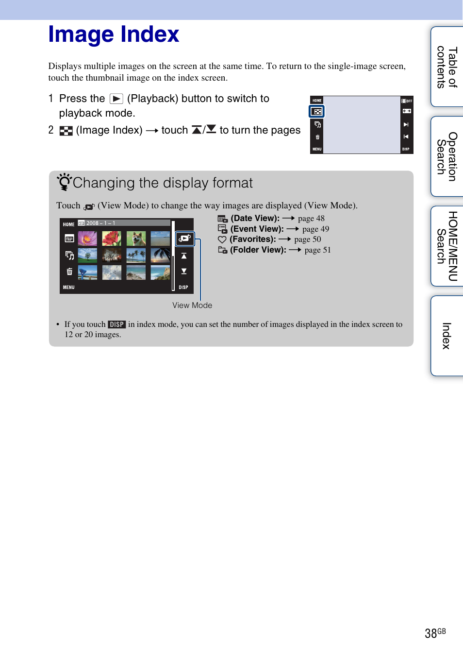 Image index, Changing the display format | Sony DSC-G3 User Manual | Page 38 / 178