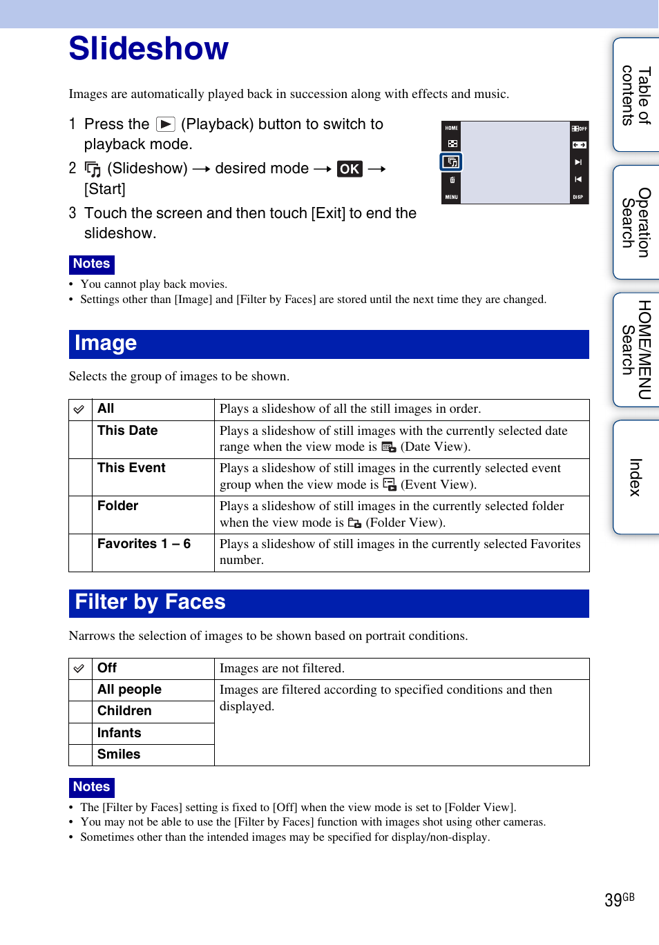 Slideshow, Image, Filter by faces | Sony DSC-G3 User Manual | Page 39 / 178