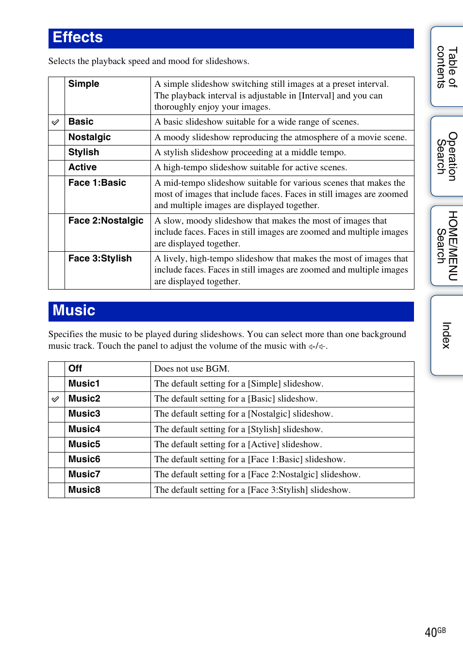 Effects, Music | Sony DSC-G3 User Manual | Page 40 / 178