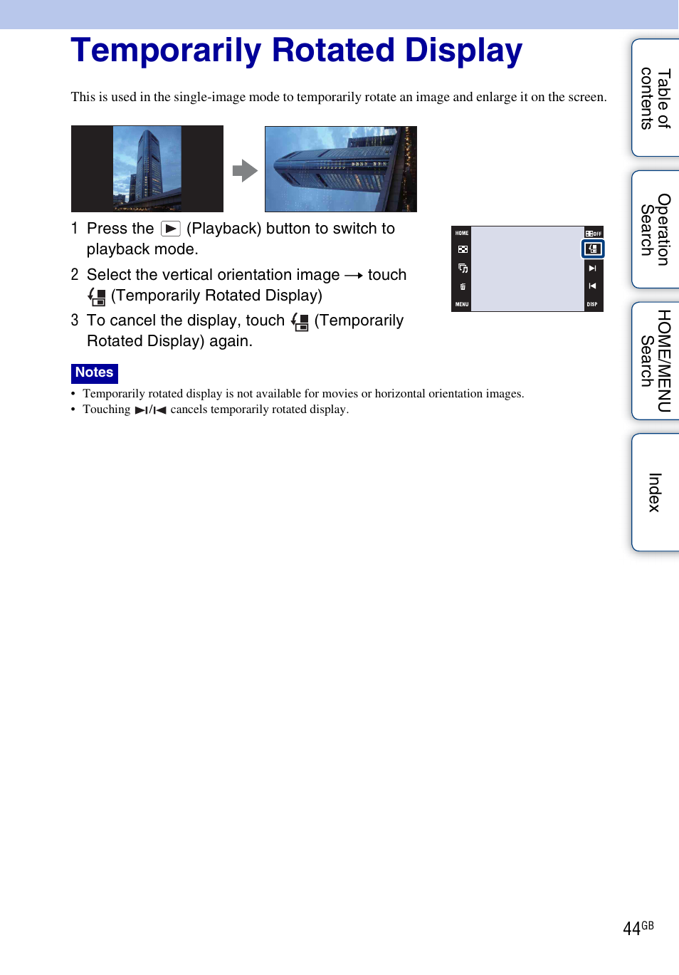 Temporarily rotated display | Sony DSC-G3 User Manual | Page 44 / 178