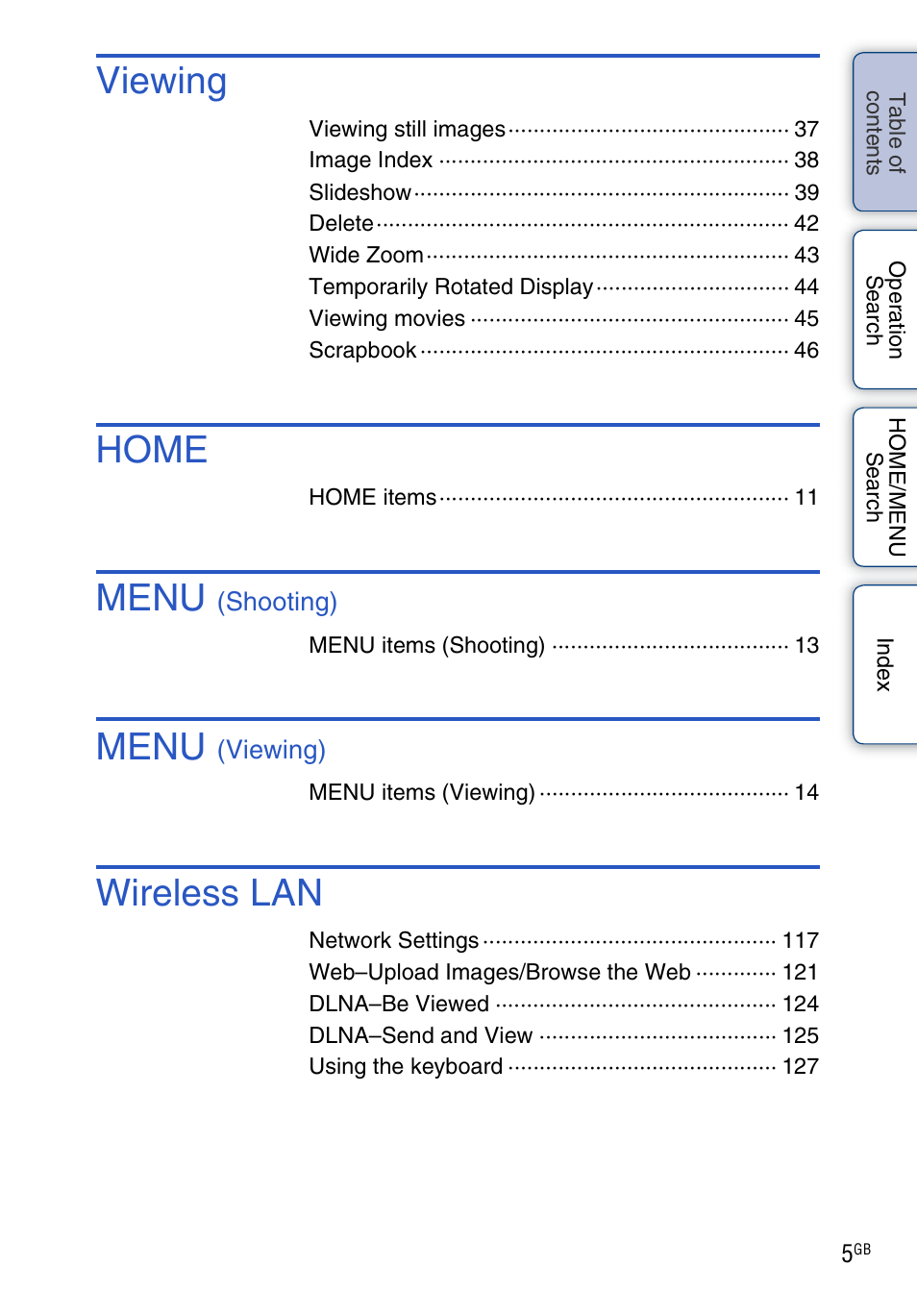 Viewing, Home, Menu | Wireless lan | Sony DSC-G3 User Manual | Page 5 / 178