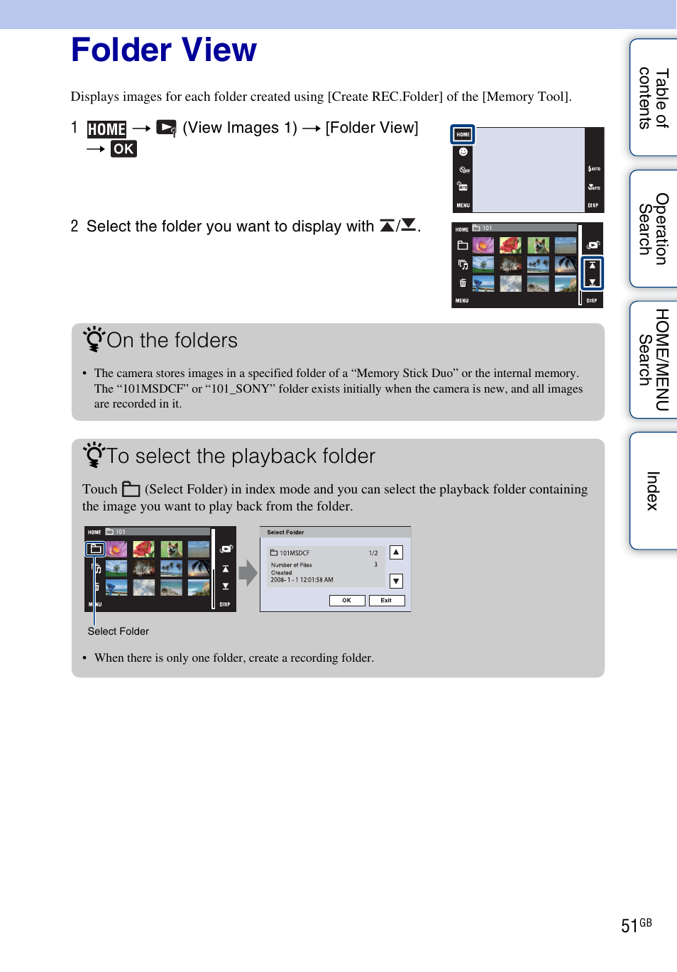 Folder view, On the folders | Sony DSC-G3 User Manual | Page 51 / 178