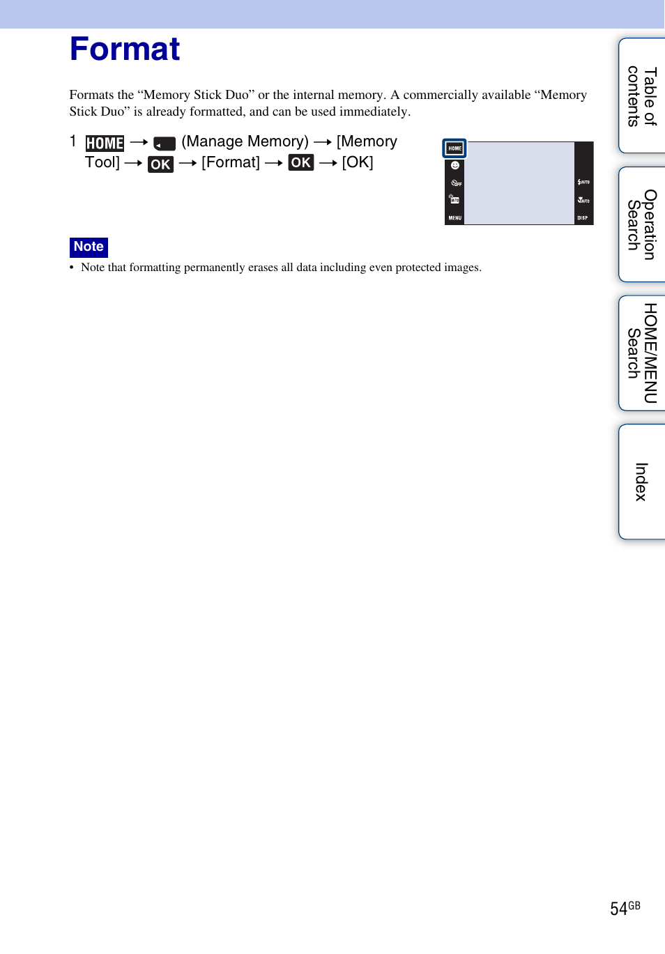 Memory tool – memory stick tool, Format, Memory tool – internal memory tool | Sony DSC-G3 User Manual | Page 54 / 178