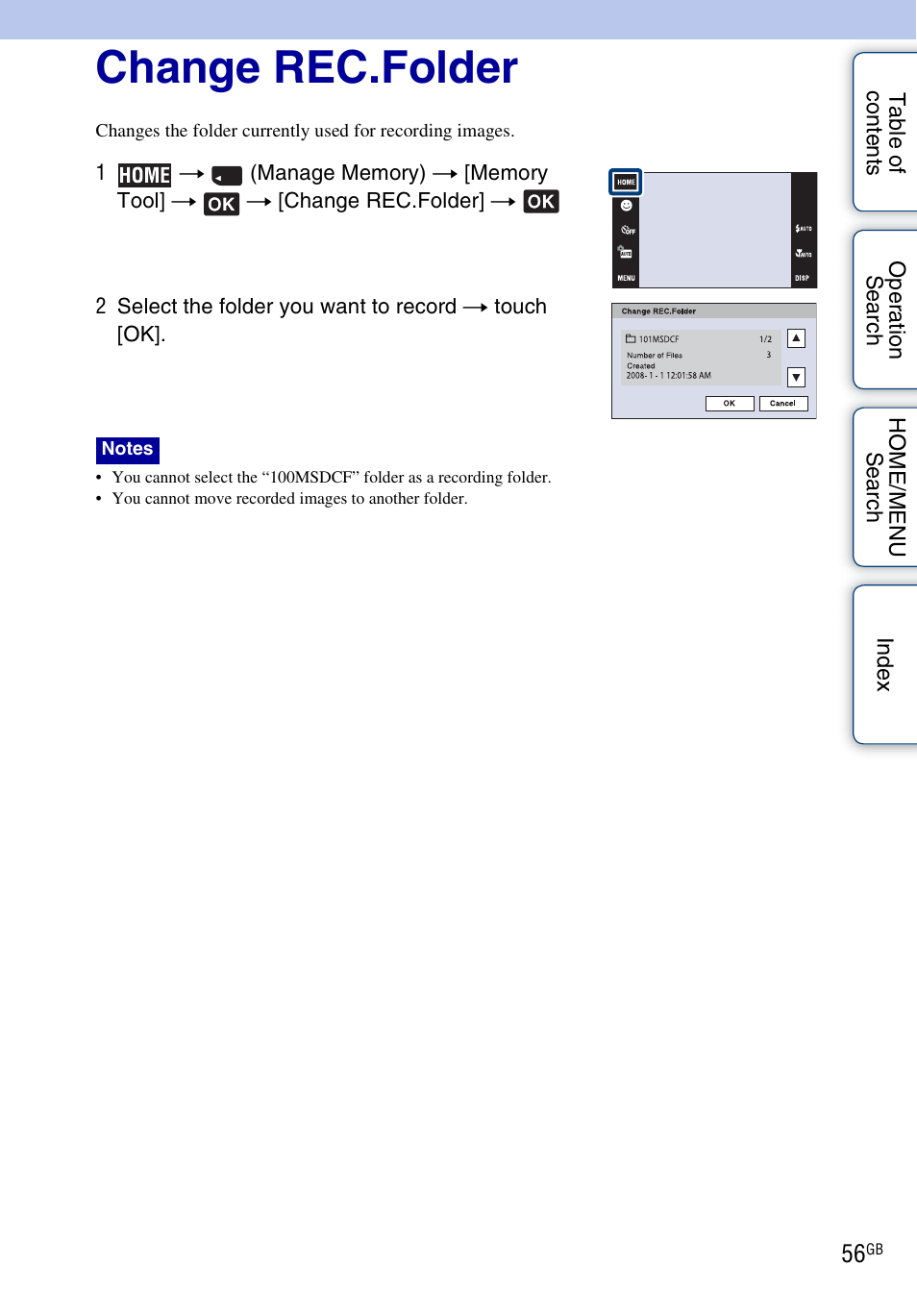 Change rec.folder | Sony DSC-G3 User Manual | Page 56 / 178
