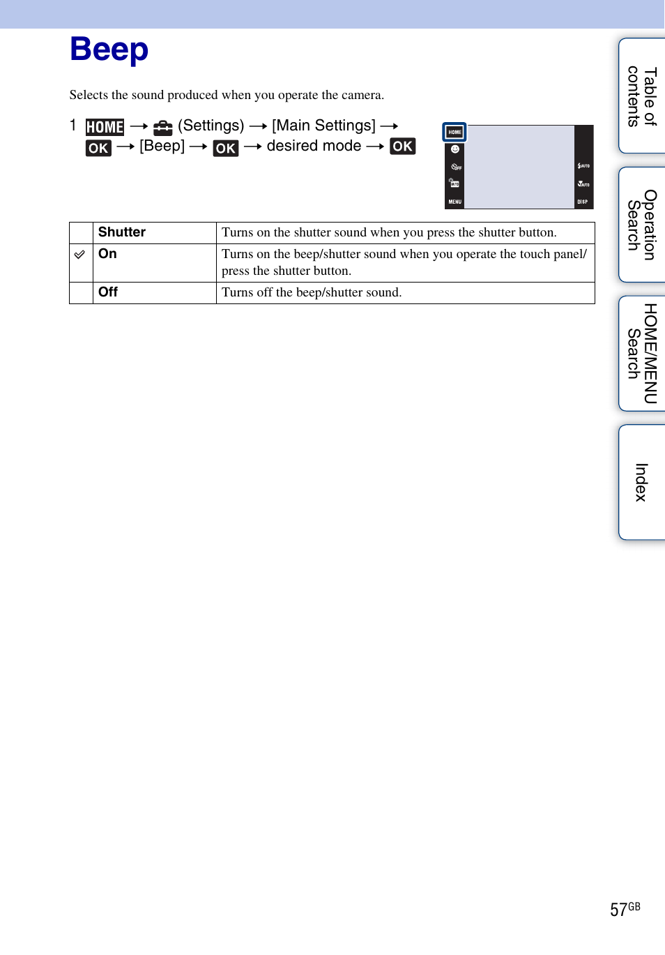 Main settings – main settings 1, Beep | Sony DSC-G3 User Manual | Page 57 / 178