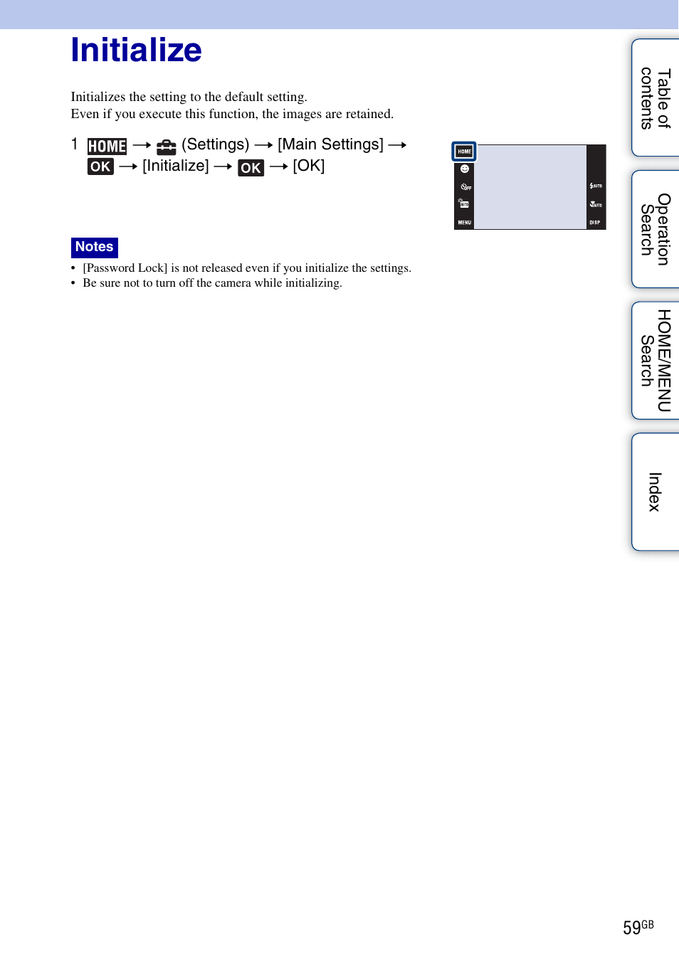Initialize | Sony DSC-G3 User Manual | Page 59 / 178
