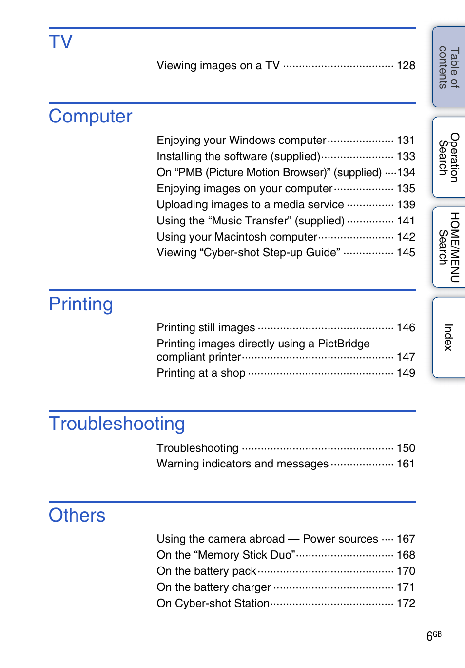 Computer, Printing, Troubleshooting | Others | Sony DSC-G3 User Manual | Page 6 / 178
