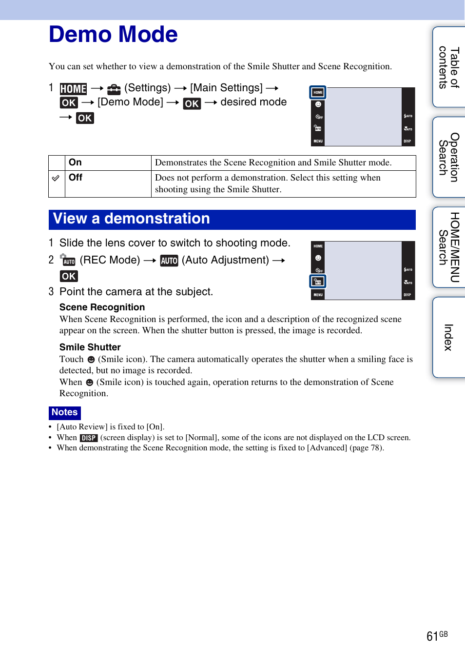 Demo mode, View a demonstration | Sony DSC-G3 User Manual | Page 61 / 178