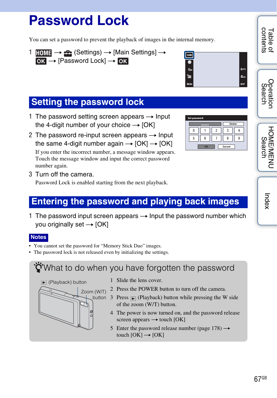 Password lock, What to do when you have forgotten the password | Sony DSC-G3 User Manual | Page 67 / 178