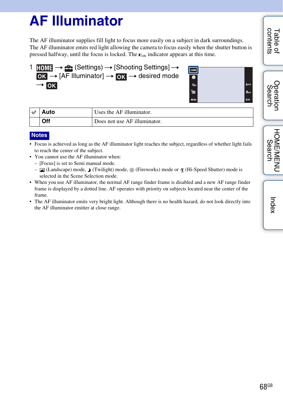 Shooting settings – shooting settings 1, Af illuminator | Sony DSC-G3 User Manual | Page 68 / 178