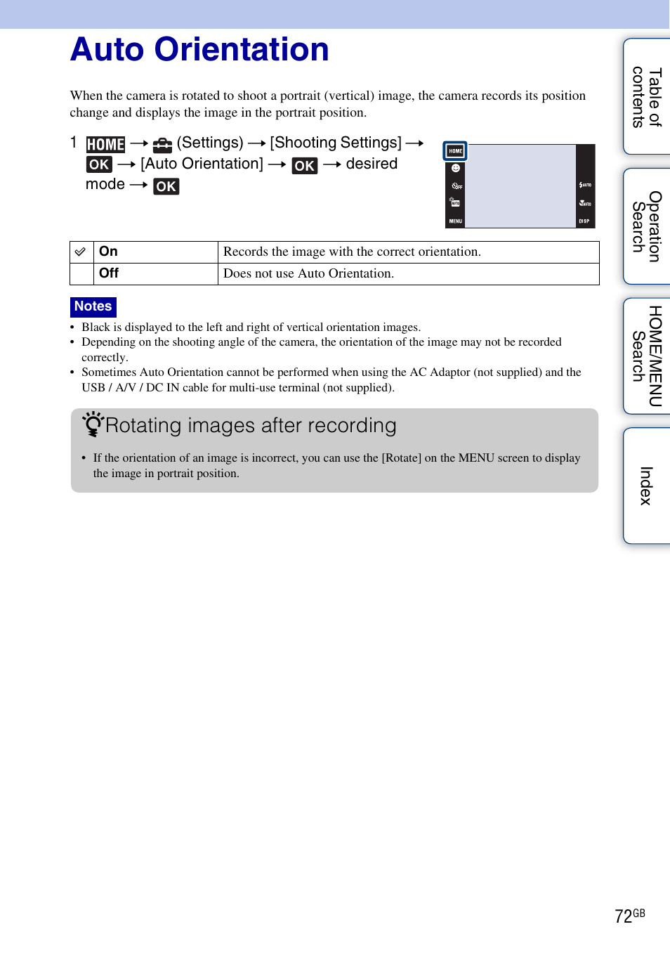 Shooting settings – shooting settings 2, Auto orientation, Rotating images after recording | Sony DSC-G3 User Manual | Page 72 / 178