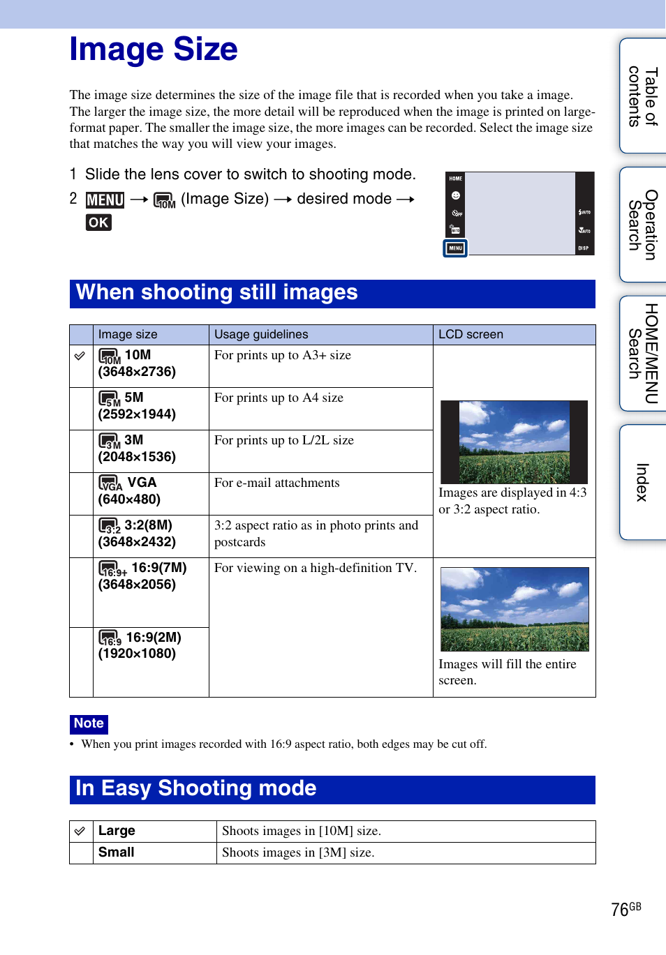 Image size, When shooting still images | Sony DSC-G3 User Manual | Page 76 / 178