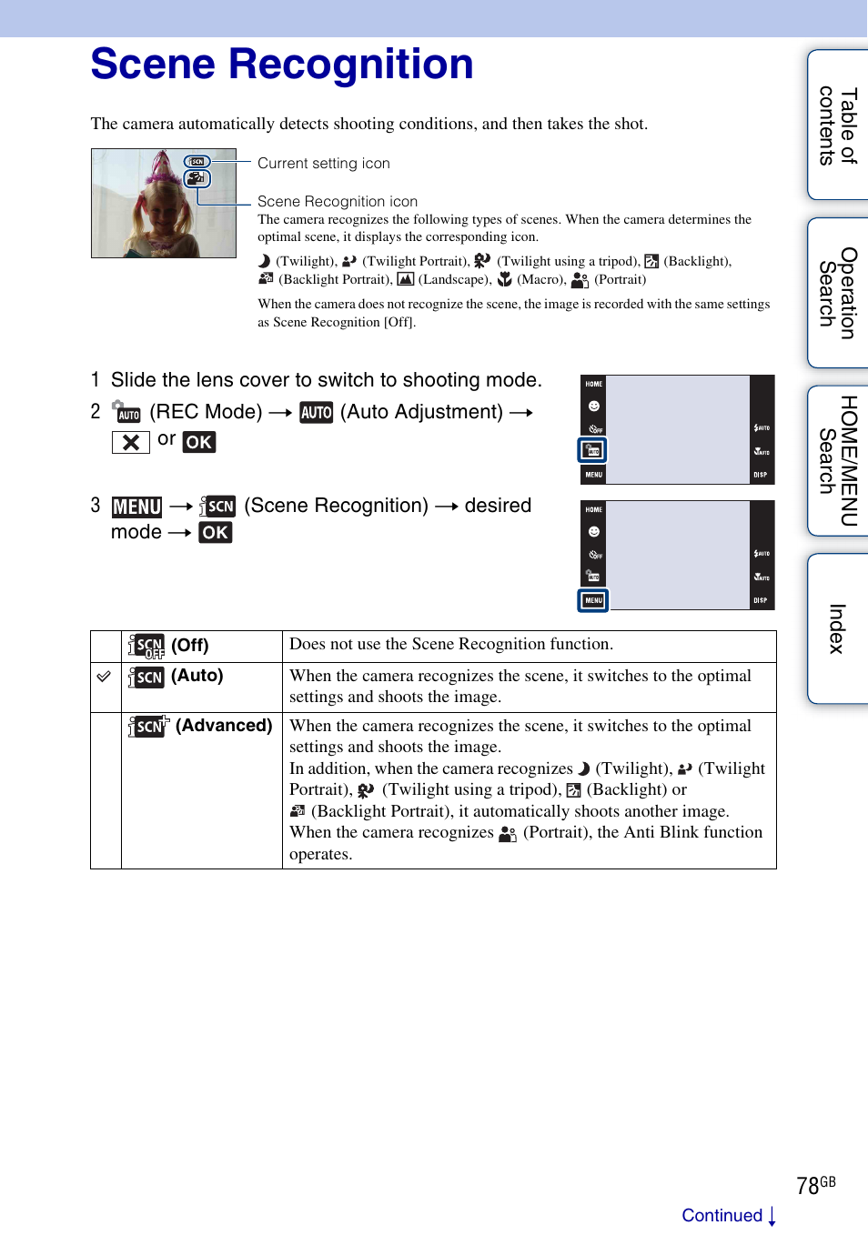 Scene recognition | Sony DSC-G3 User Manual | Page 78 / 178