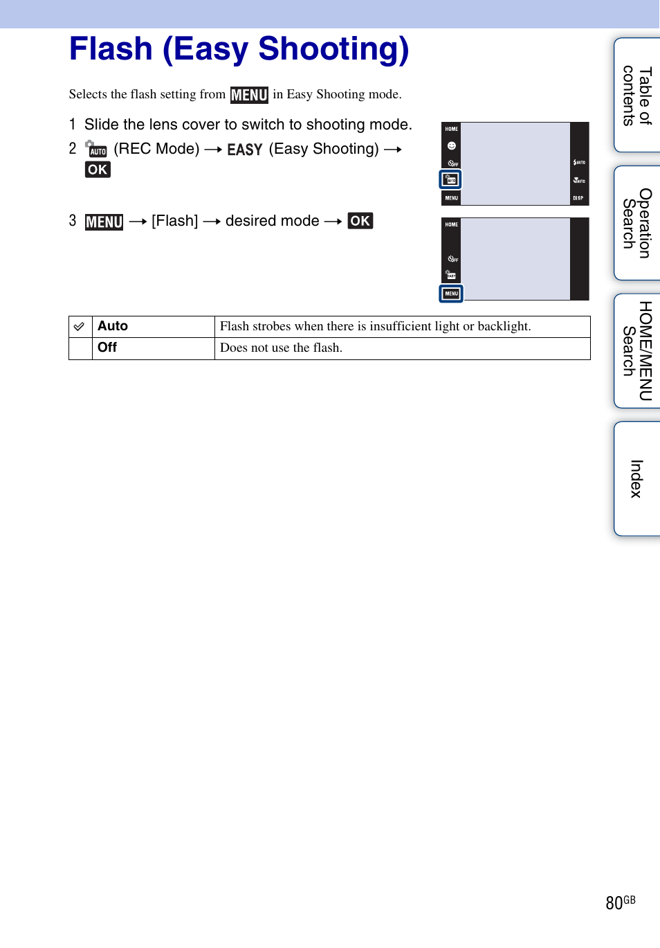 Flash, Flash (easy shooting) | Sony DSC-G3 User Manual | Page 80 / 178