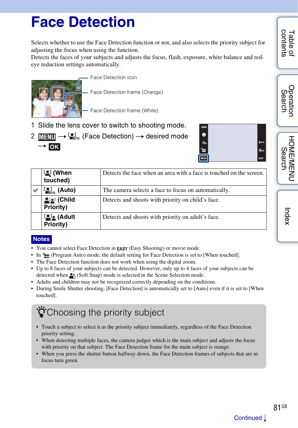 Face detection, Choosing the priority subject | Sony DSC-G3 User Manual | Page 81 / 178