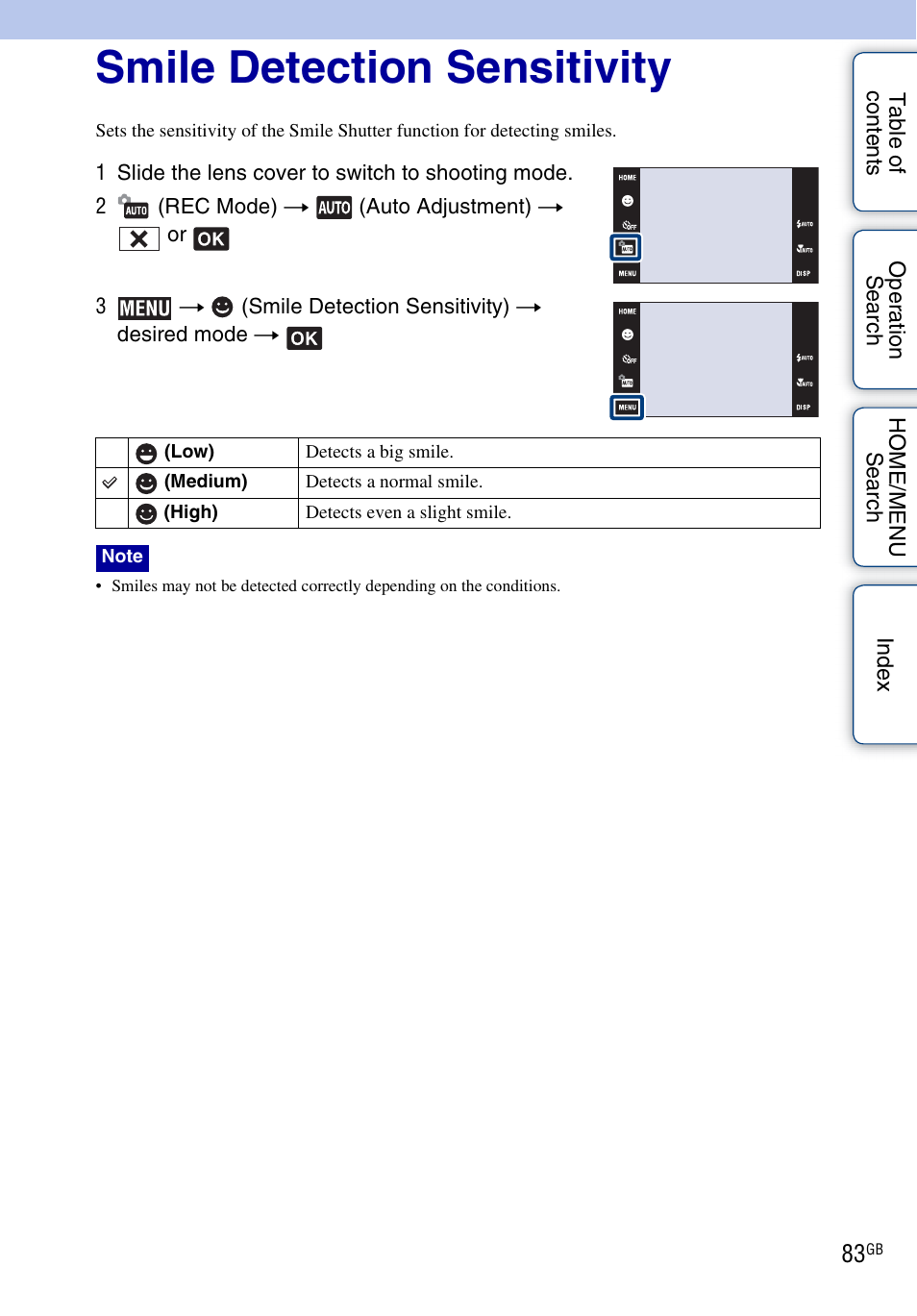 Smile detection sensitivity | Sony DSC-G3 User Manual | Page 83 / 178